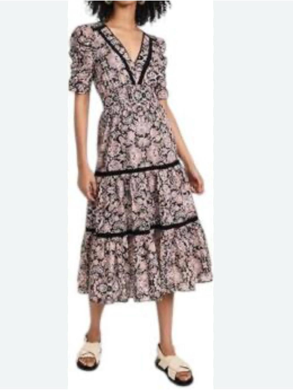 Floral V-Neck Tiered Midi Dress in Blush Pink
